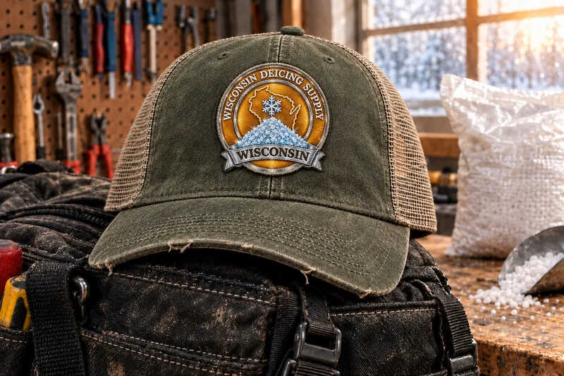 Wisconsin Deicing Supply trucker cap on a tool bag in a workshop