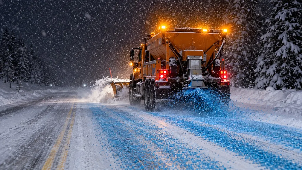 Spreader truck treating a snowy highway at night