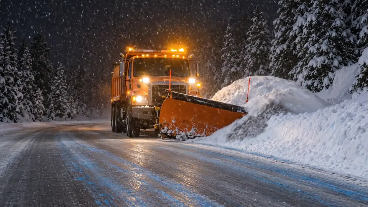 Orange plow truck pushing snow onto the shoulder of a treated road at dusk