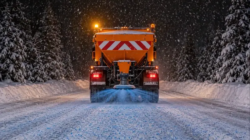 Spreader truck seen from behind, spinner throwing an even fan of blue treated salt on a snowy road