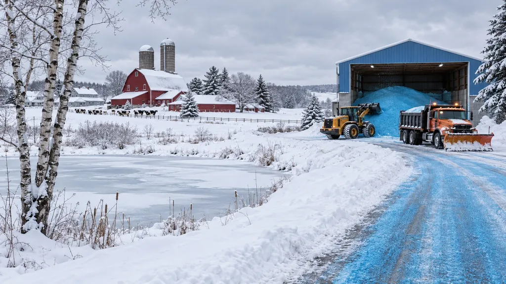 Loader and dump truck at a blue treated salt pile under a blue shed, with a red barn and frozen pond in the snow