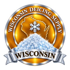 Wisconsin Deicing Supply badge: snowflake and Wisconsin outline over a salt pile